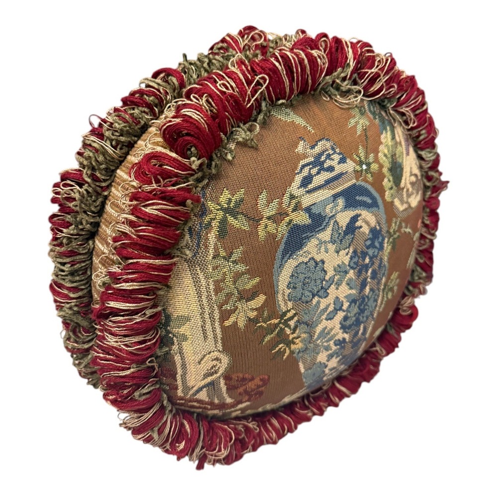 French Aubusson Tapestry Round Pillow Blue Chinoiserie Ginger Jar Burgundy Fring